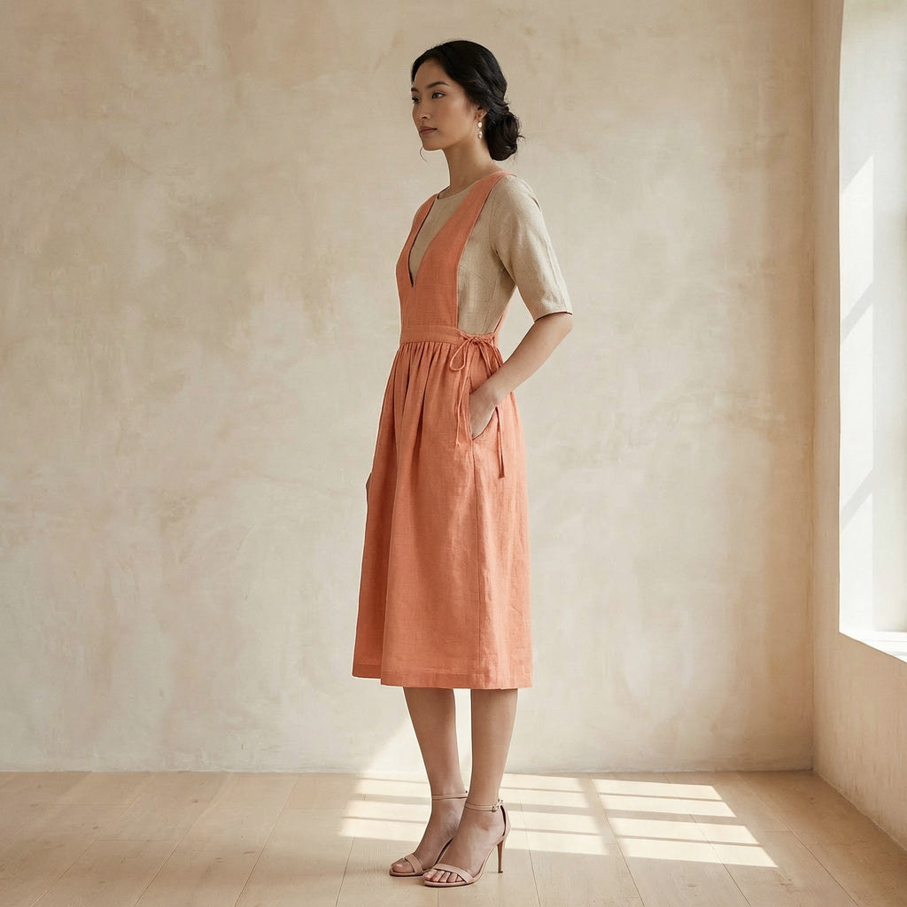 Peach Cotton Flax V-Neck Pinafore Midi Wrap Dress