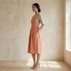 Peach Cotton Flax V-Neck Pinafore Midi Wrap Dress