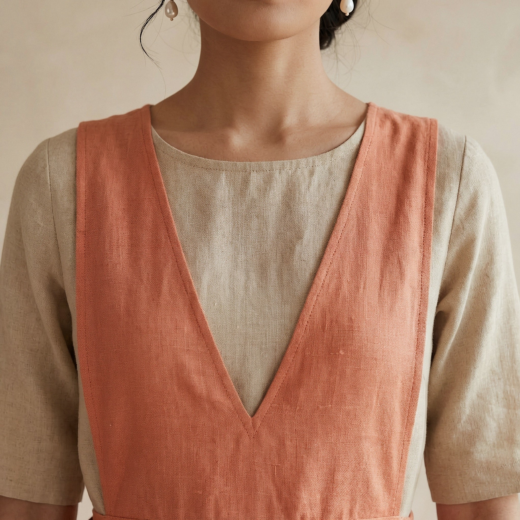 Peach Cotton Flax V-Neck Pinafore Midi Wrap Dress