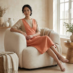 Peach Cotton Flax V-Neck Pinafore Midi Wrap Dress