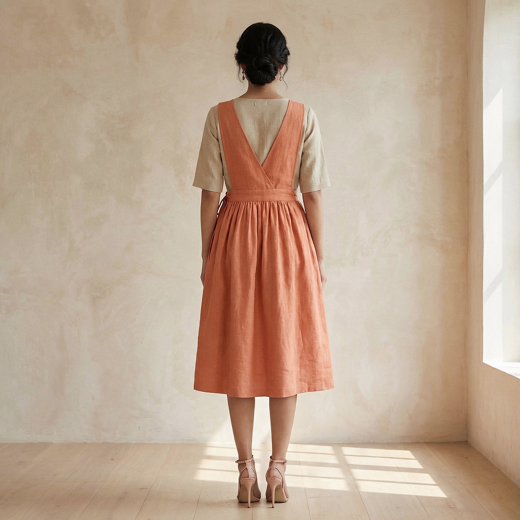 Peach Cotton Flax V-Neck Pinafore Midi Wrap Dress