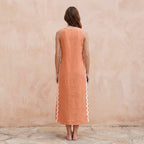 Peach Cotton Flax Wavy Stripe Maxi Shift Dress