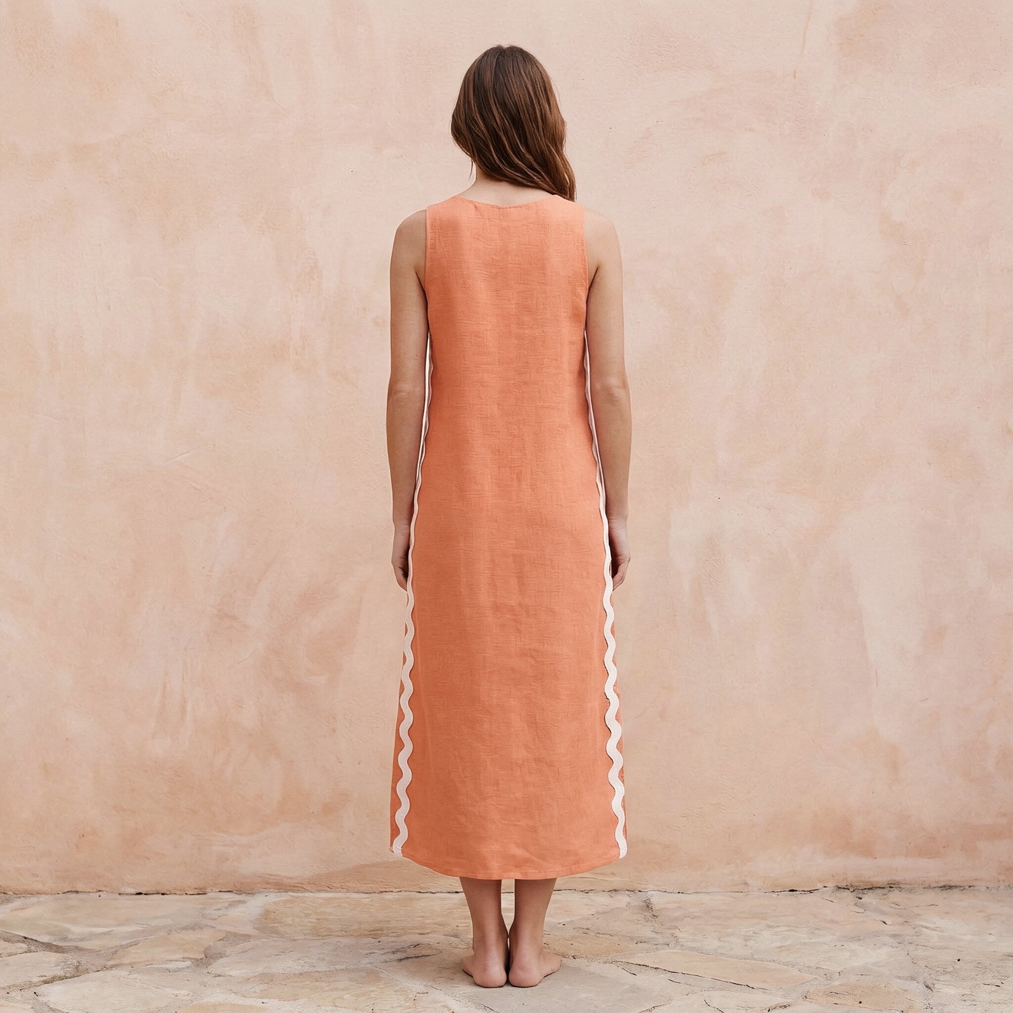 Peach Cotton Flax Wavy Stripe Maxi Shift Dress