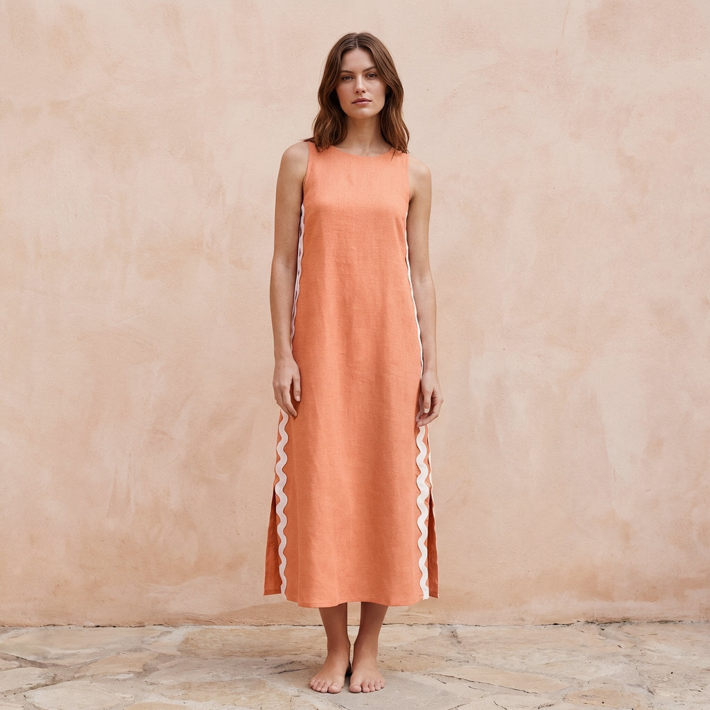 Peach Cotton Flax Wavy Stripe Maxi Shift Dress