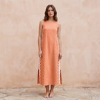 Peach Cotton Flax Wavy Stripe Maxi Shift Dress