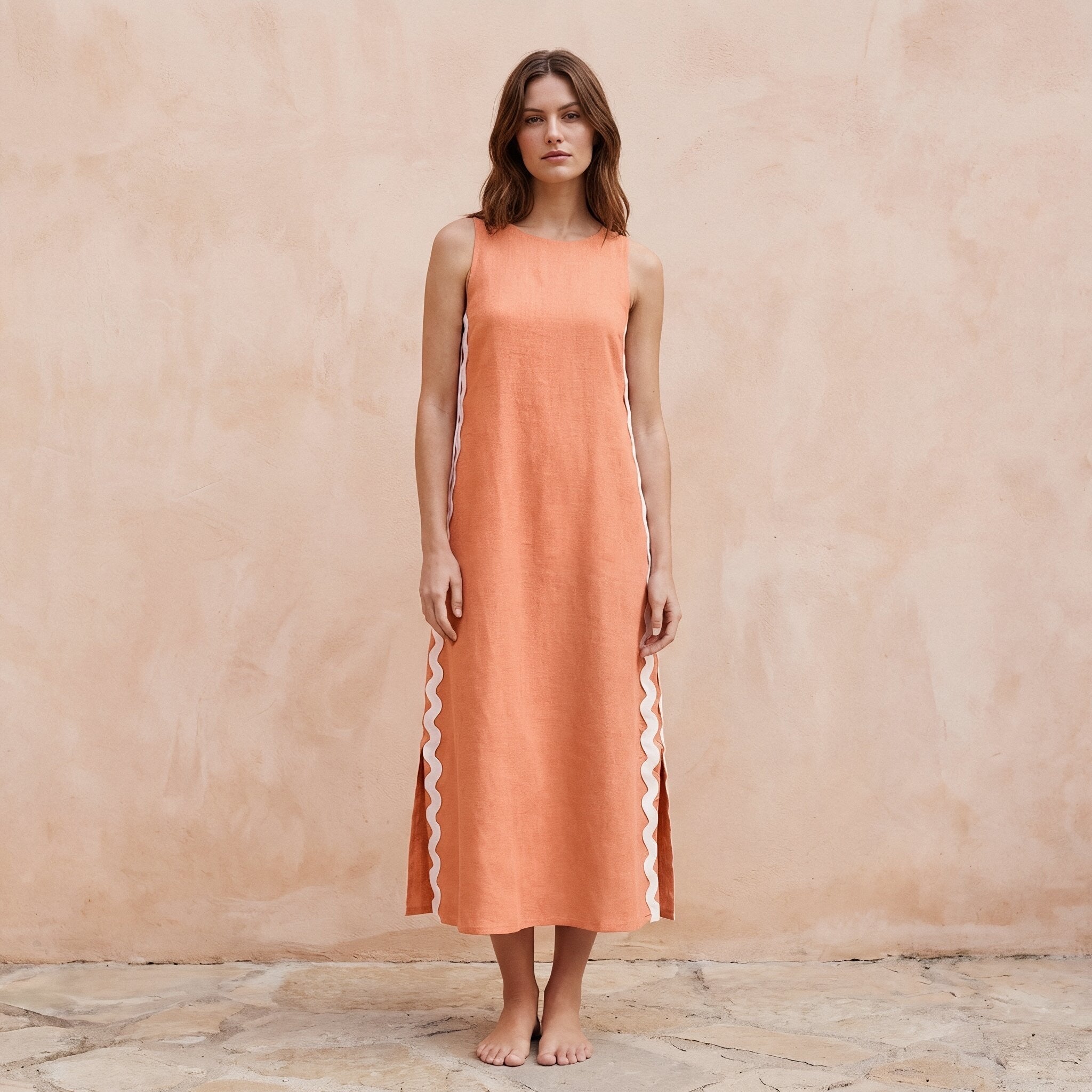 Peach Cotton Flax Wavy Stripe Maxi Shift Dress