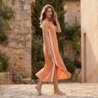 Peach Cotton Flax Wavy Stripe Maxi Shift Dress