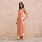 Peach Cotton Flax Wavy Stripe Maxi Shift Dress