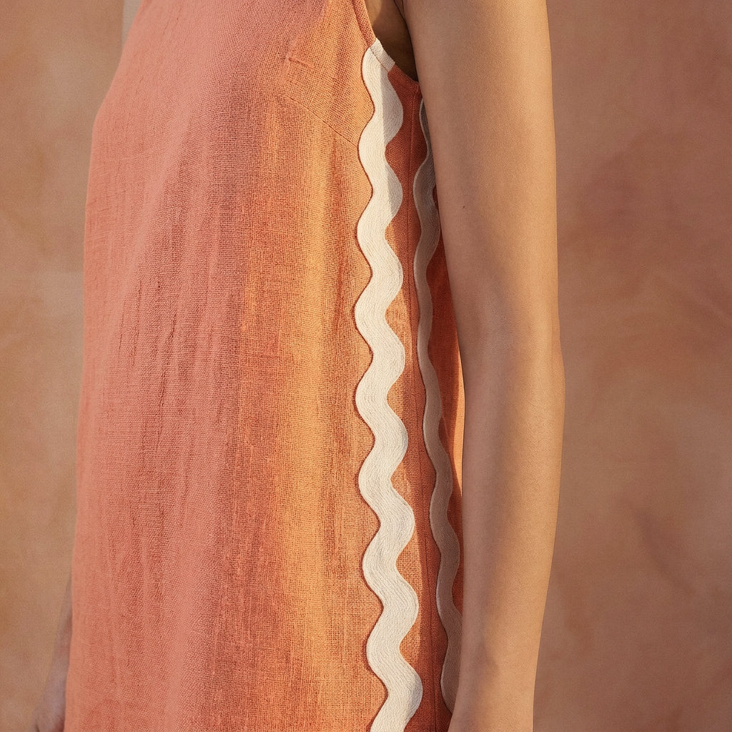 Peach Cotton Flax Wavy Stripe Short Shift Dress