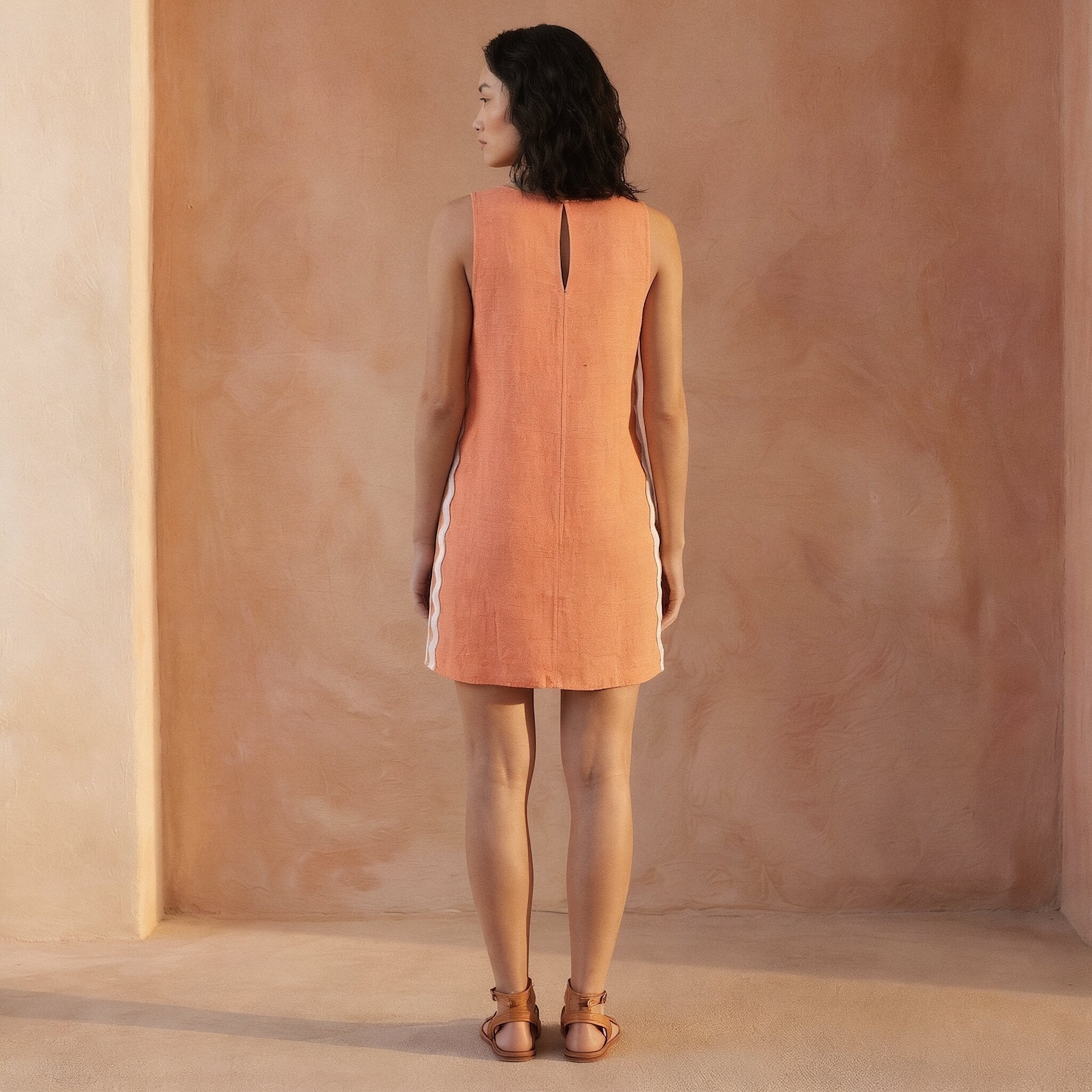 Peach Cotton Flax Wavy Stripe Short Shift Dress