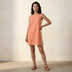 Peach Cotton Flax Wavy Stripe Short Shift Dress