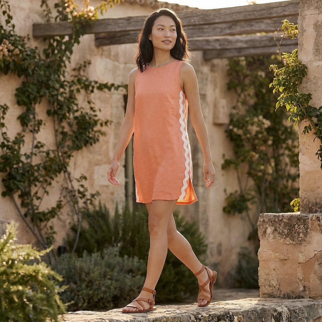 Peach Cotton Flax Wavy Stripe Short Shift Dress