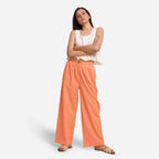 Front View of a Model wearing Peach Cotton Flax Wide Legged Straight Pant