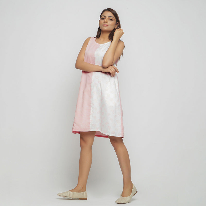 Front View of a Model wearing Peach Hand Block Printed Paneled Dress