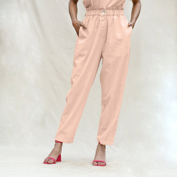 Peach Handspun Cotton High-Rise Elasticated Paperbag Pant