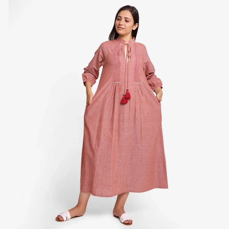 Front View of a Model wearing Peach A-Line Mangalgiri Cotton Dress