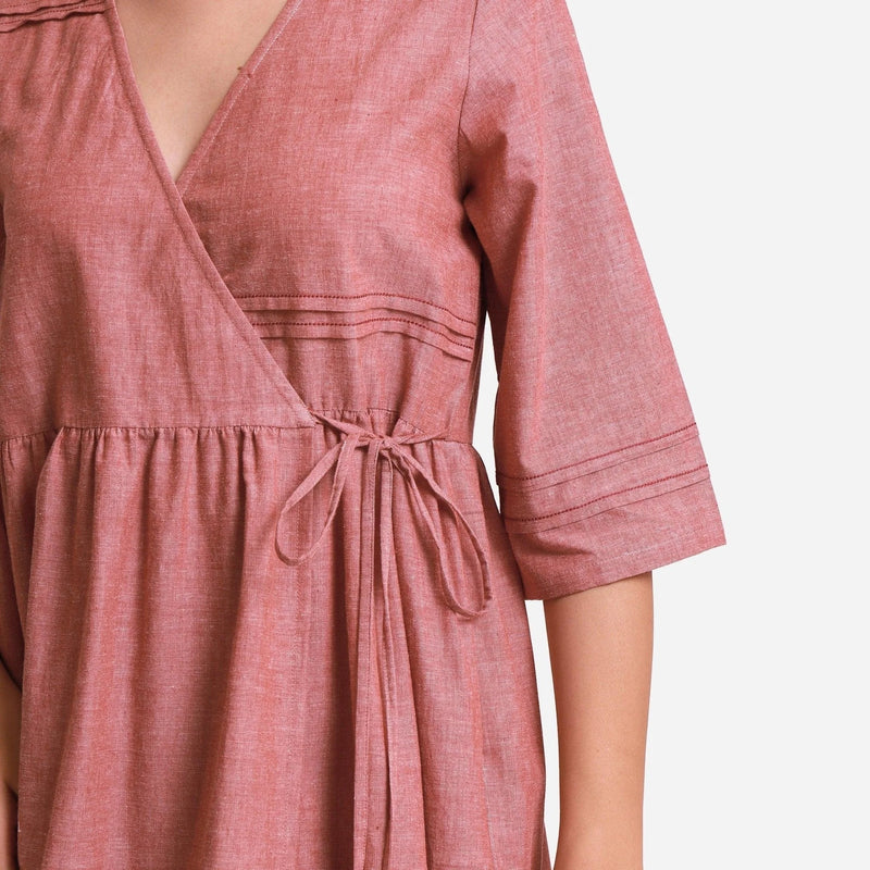 Front Detail of a Model wearing Solid Brown Tie Up Cotton Wrap Dress