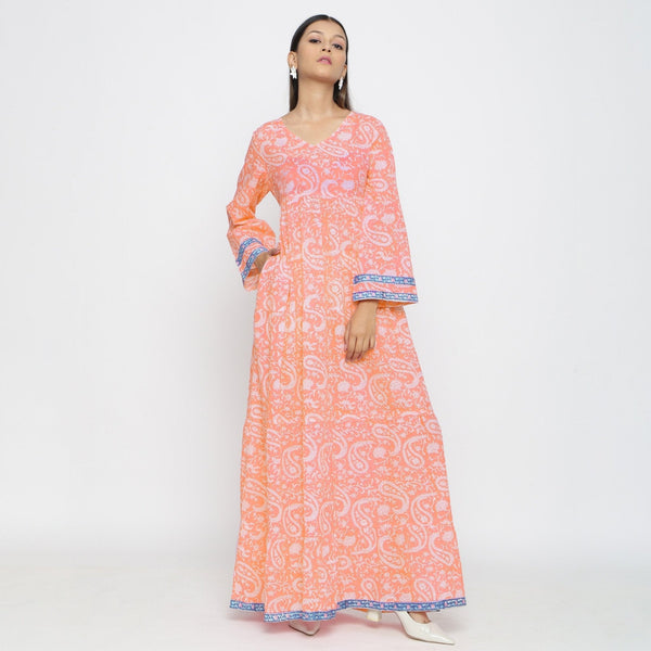 Peach Paisley Block Print Cotton Floor Length Boho Dress