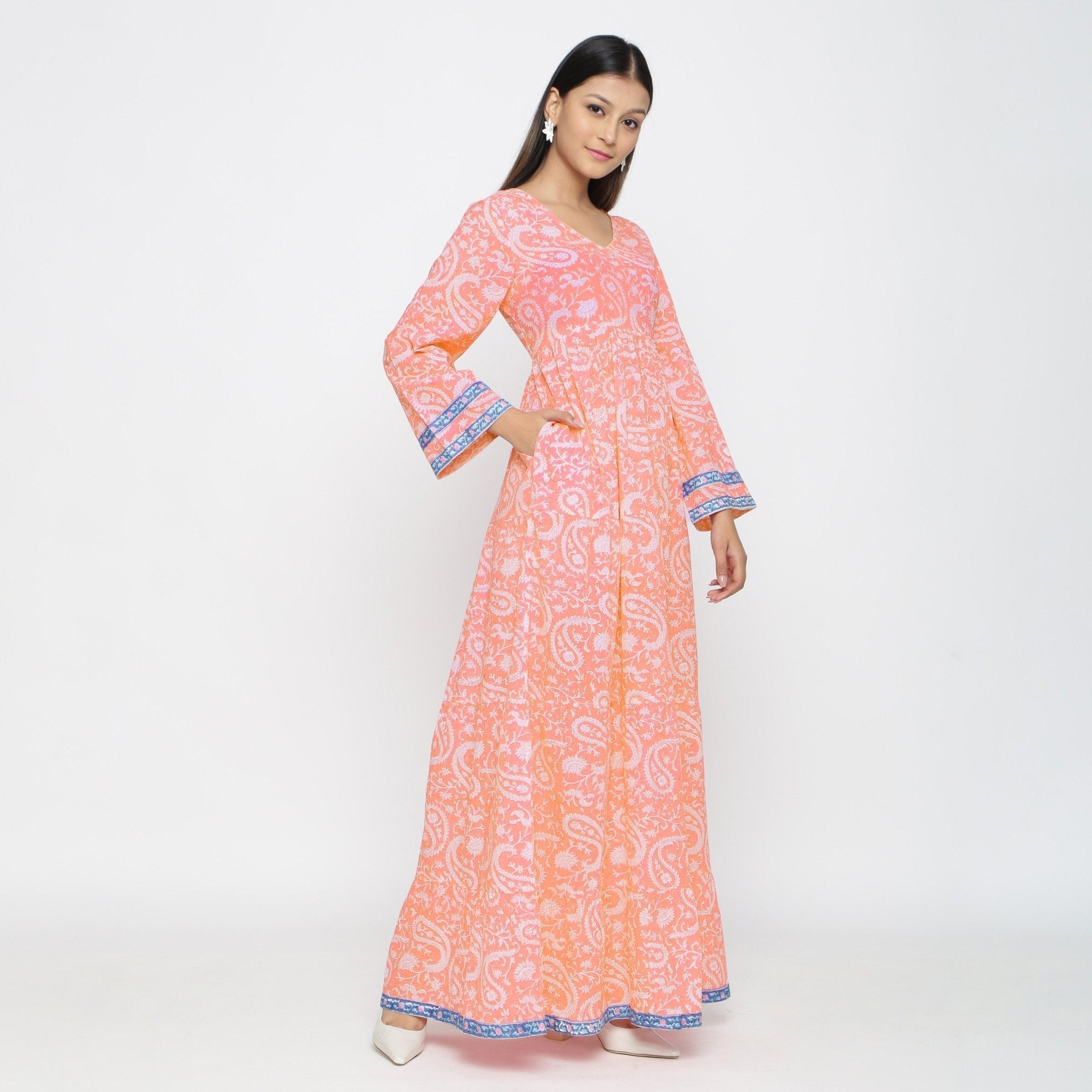 Peach Paisley Block Print Cotton Floor Length Boho Dress