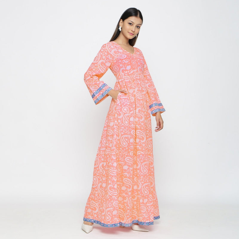 Peach Paisley Block Print Cotton Floor Length Boho Dress