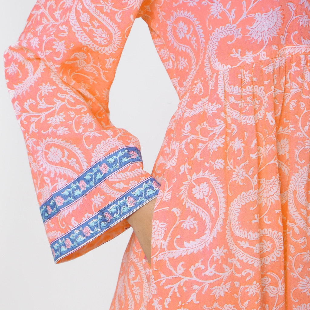 Peach Paisley Block Print Cotton Floor Length Boho Dress