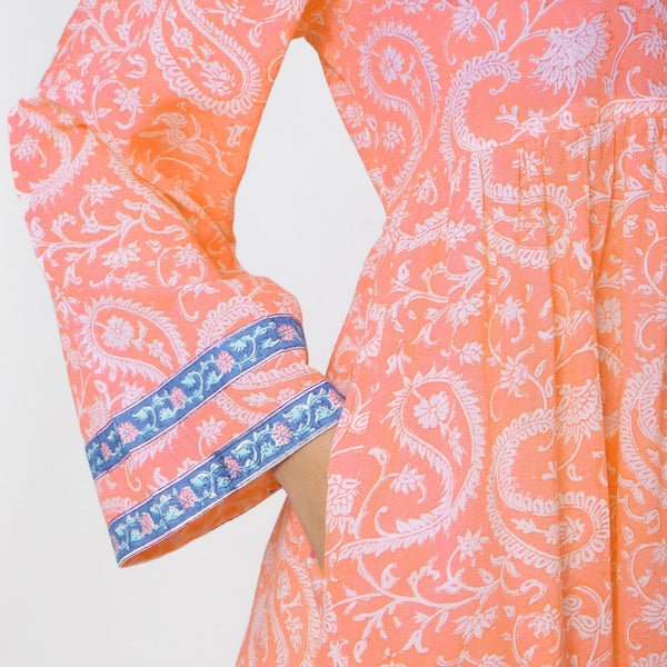 Peach Paisley Block Print Cotton Floor Length Boho Dress