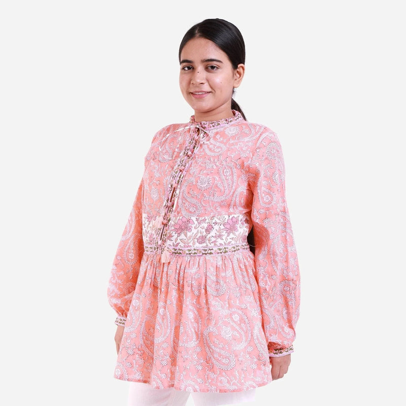 Front View of a Model wearing Peach Paisley Cotton Block Print Gathered Top