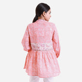 Back View of a Model wearing Peach Paisley Cotton Block Print Gathered Top