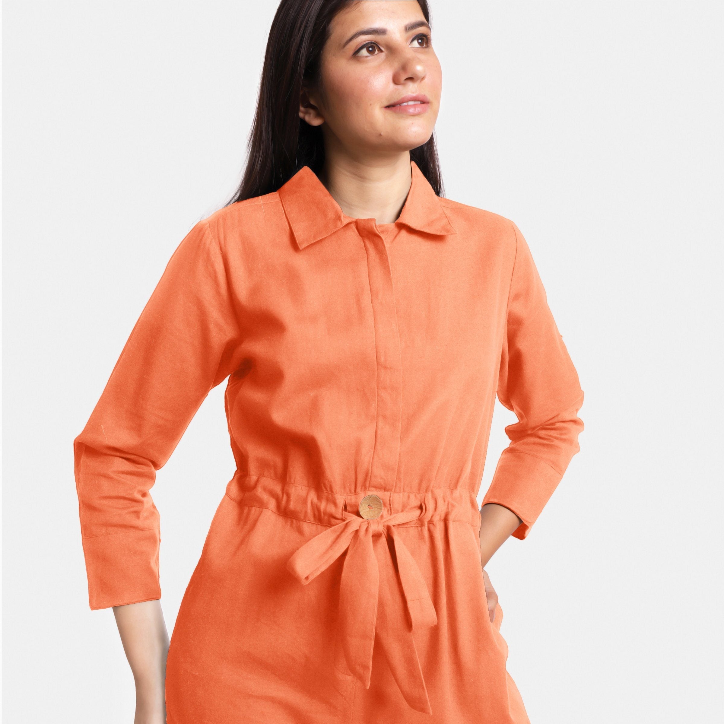 Front Detail of a Model wearing Peach Wide Legged Cotton Overall