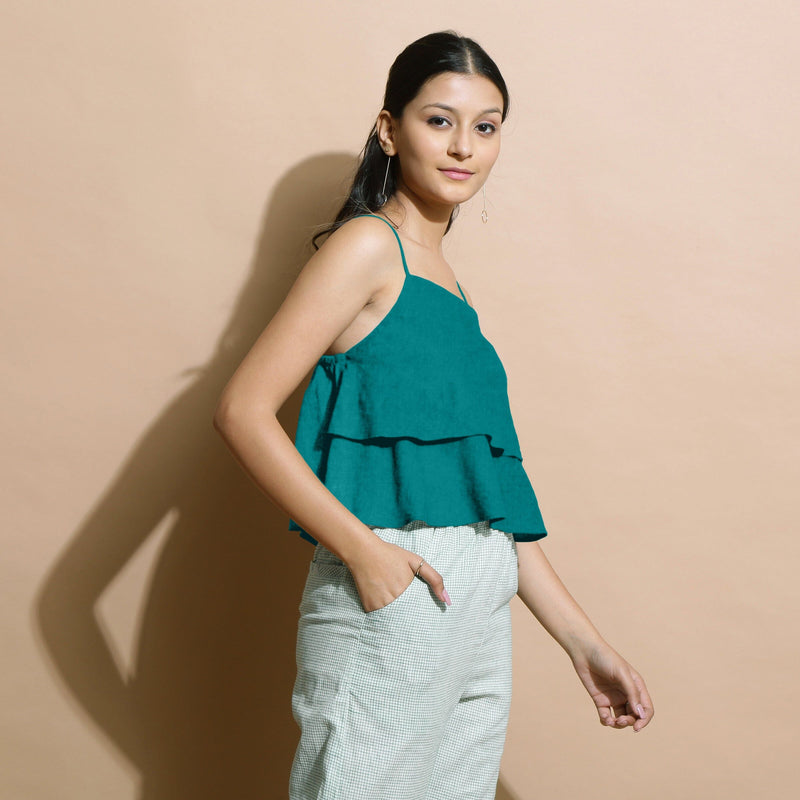 Pine Green 100% Linen Camisole Crop Top