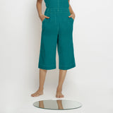 Front View of a Model wearing Pine Green 100% Linen Mid-Rise Culottes