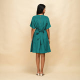 Pine Green 100% Linen V-Neck Knee Length Blouson Dress