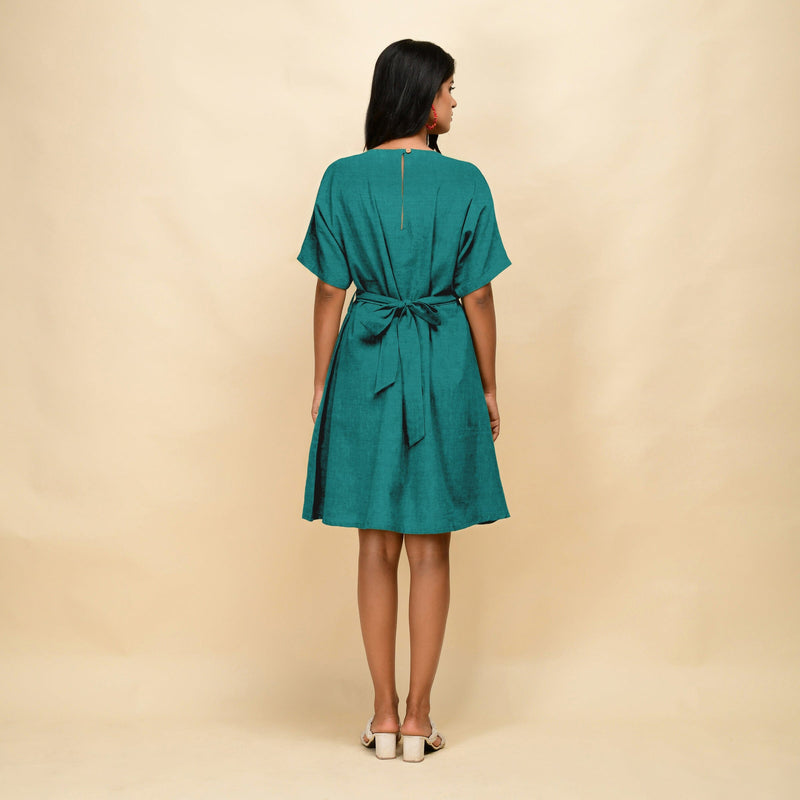 Pine Green 100% Linen V-Neck Knee Length Blouson Dress