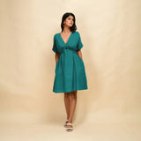 Pine Green 100% Linen V-Neck Knee Length Blouson Dress