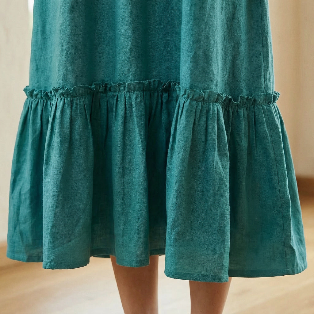 Pine Green Cotton-Linen A-Line V-Neck Sleeveless Maxi Tier Dress