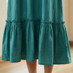 Pine Green Cotton-Linen A-Line V-Neck Sleeveless Maxi Tier Dress