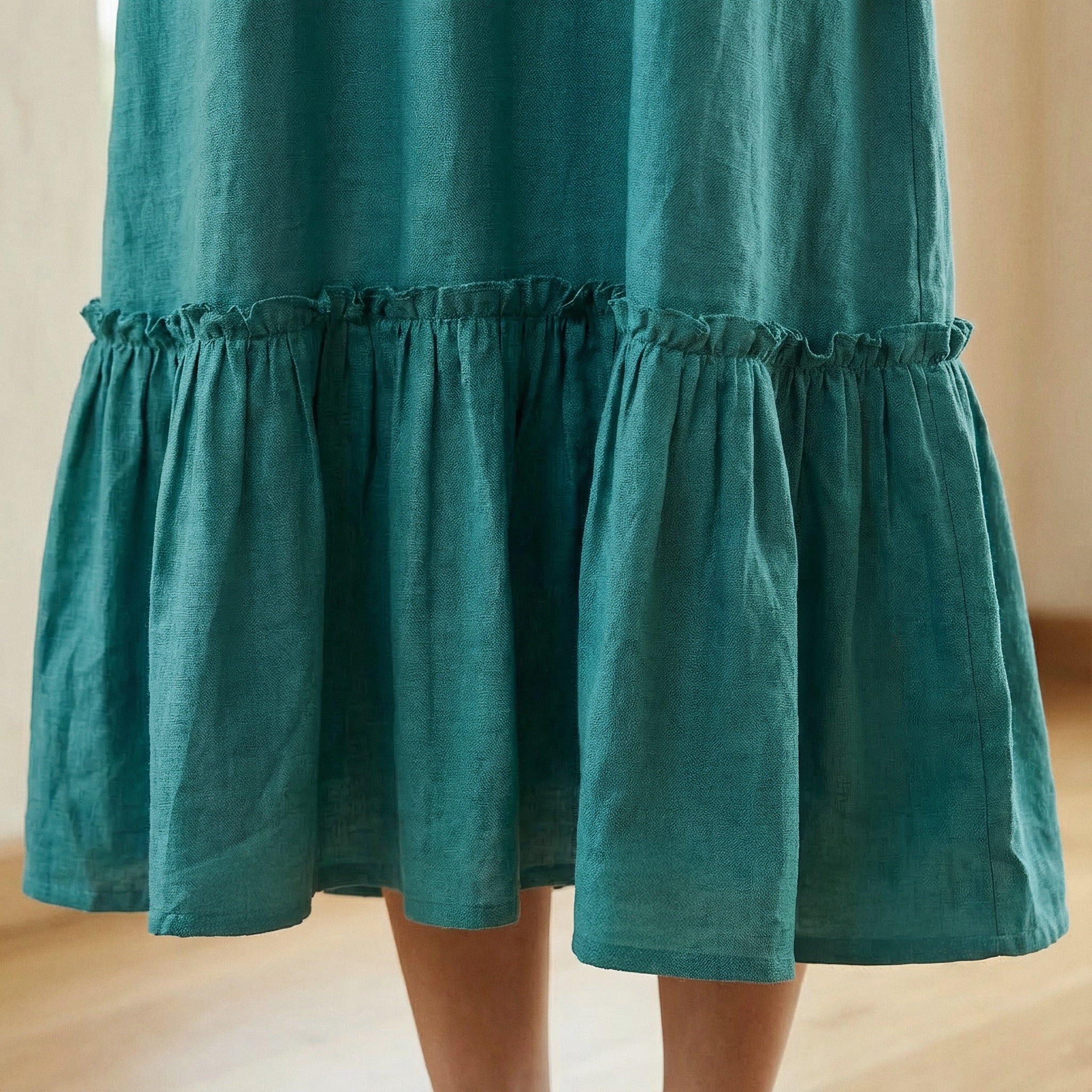 Pine Green Cotton-Linen A-Line V-Neck Sleeveless Maxi Tier Dress