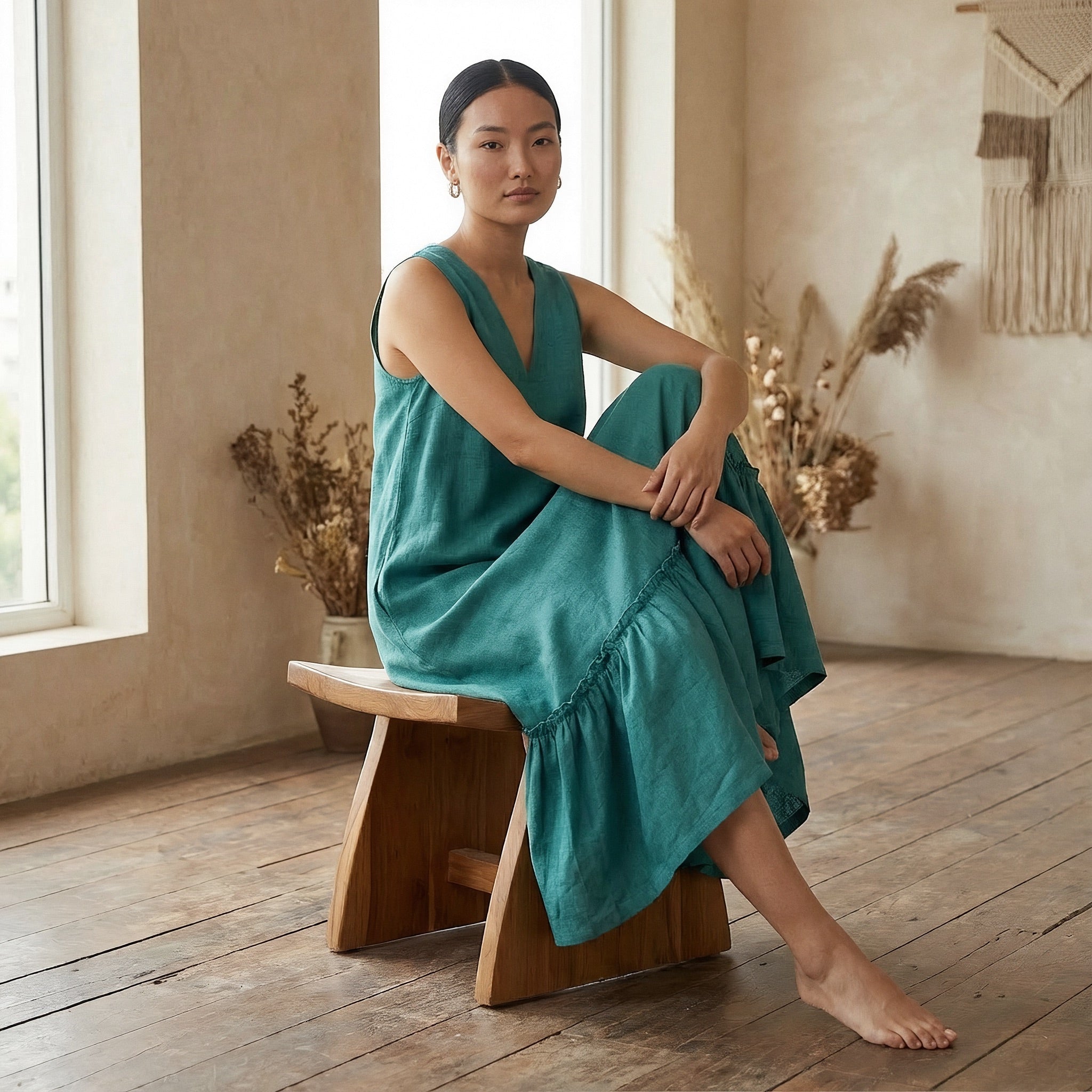 Pine Green Cotton-Linen A-Line V-Neck Sleeveless Maxi Tier Dress