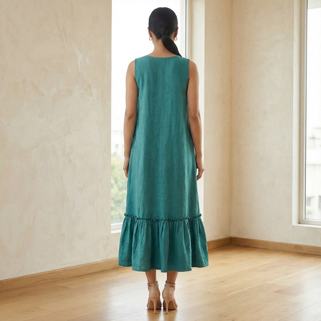 Pine Green Cotton-Linen A-Line V-Neck Sleeveless Maxi Tier Dress