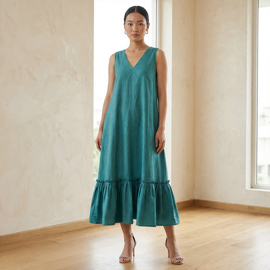 Pine Green Cotton-Linen A-Line V-Neck Sleeveless Maxi Tier Dress