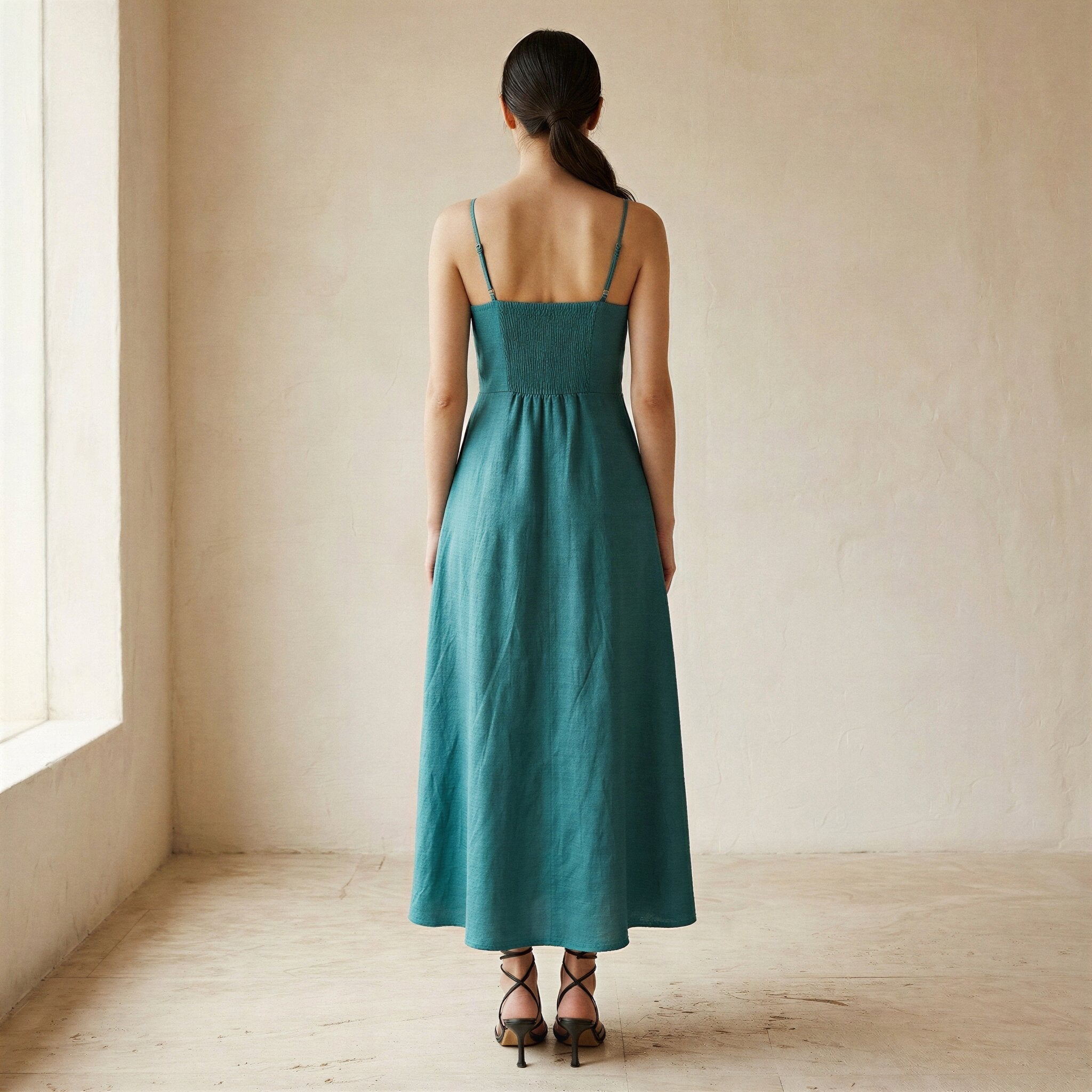 Pine Green Cotton Linen Ankle Length Flared Sundress