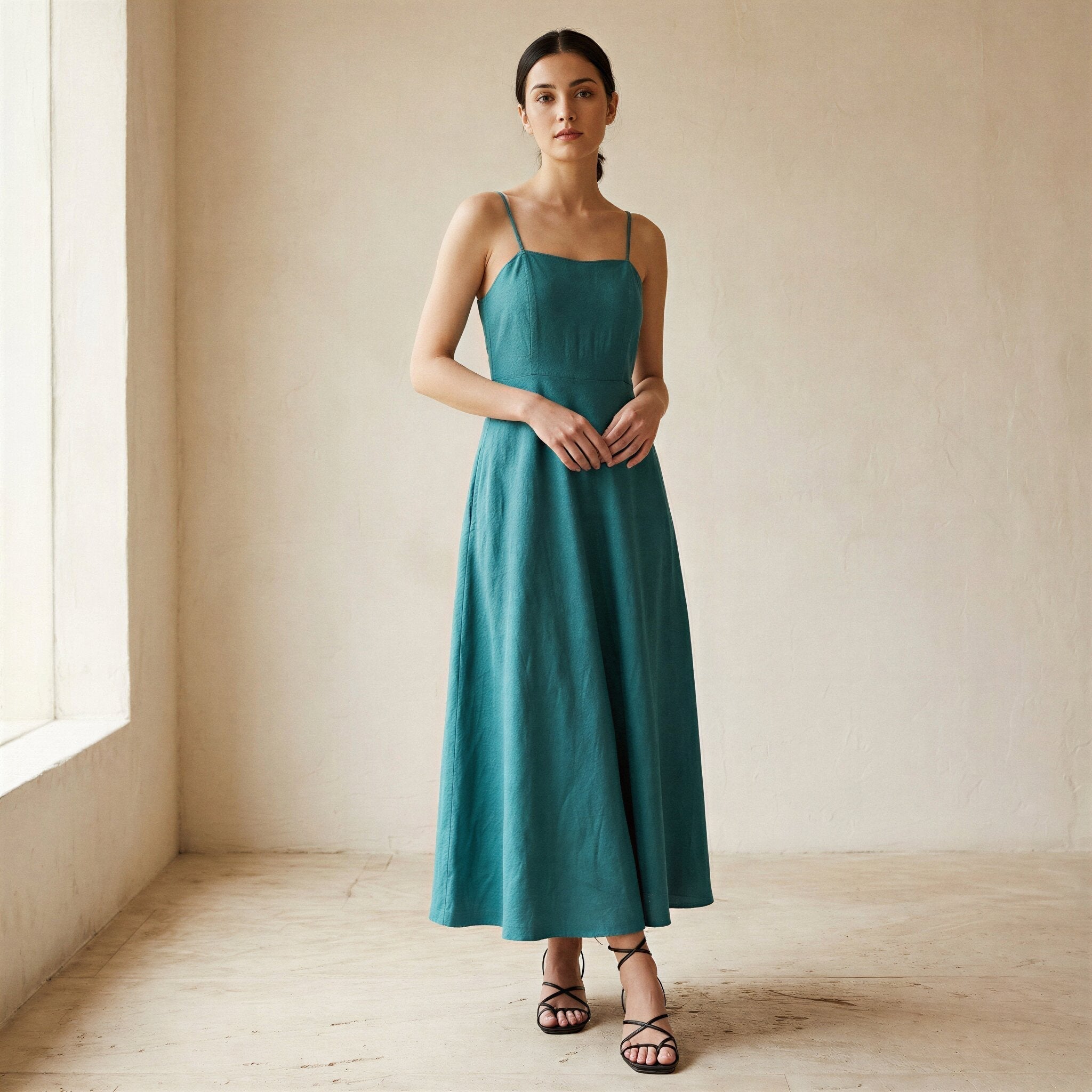 Pine Green Cotton Linen Ankle Length Flared Sundress