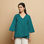 Pine Green Cotton Linen Asymmetrical V-Neck Godet Top