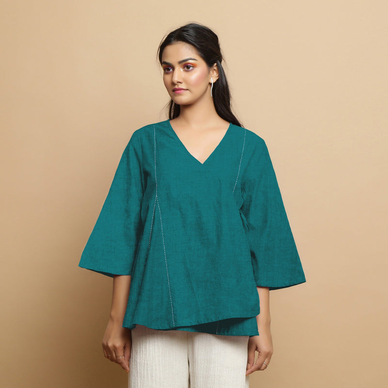 Pine Green Cotton Linen Asymmetrical V-Neck Godet Top