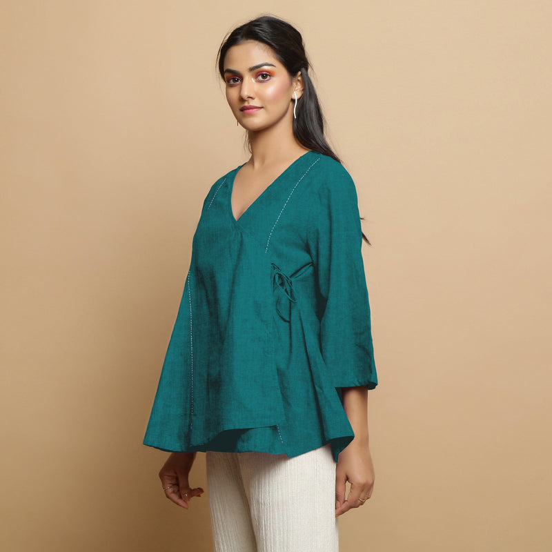 Pine Green Cotton Linen Asymmetrical V-Neck Godet Top