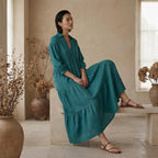 Pine Green Cotton Linen Deep-V Maxi Tier Dress