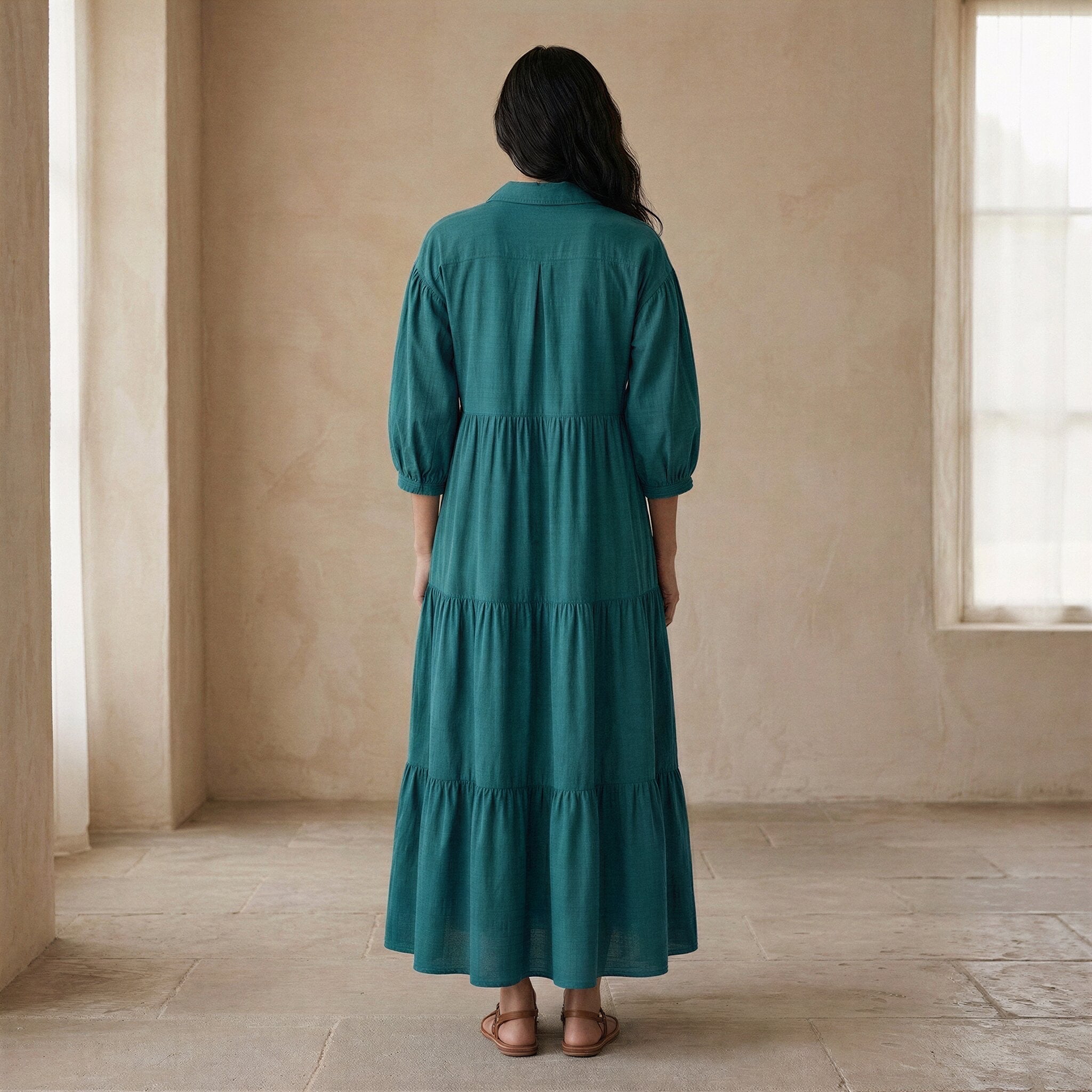 Pine Green Cotton Linen Deep-V Maxi Tier Dress