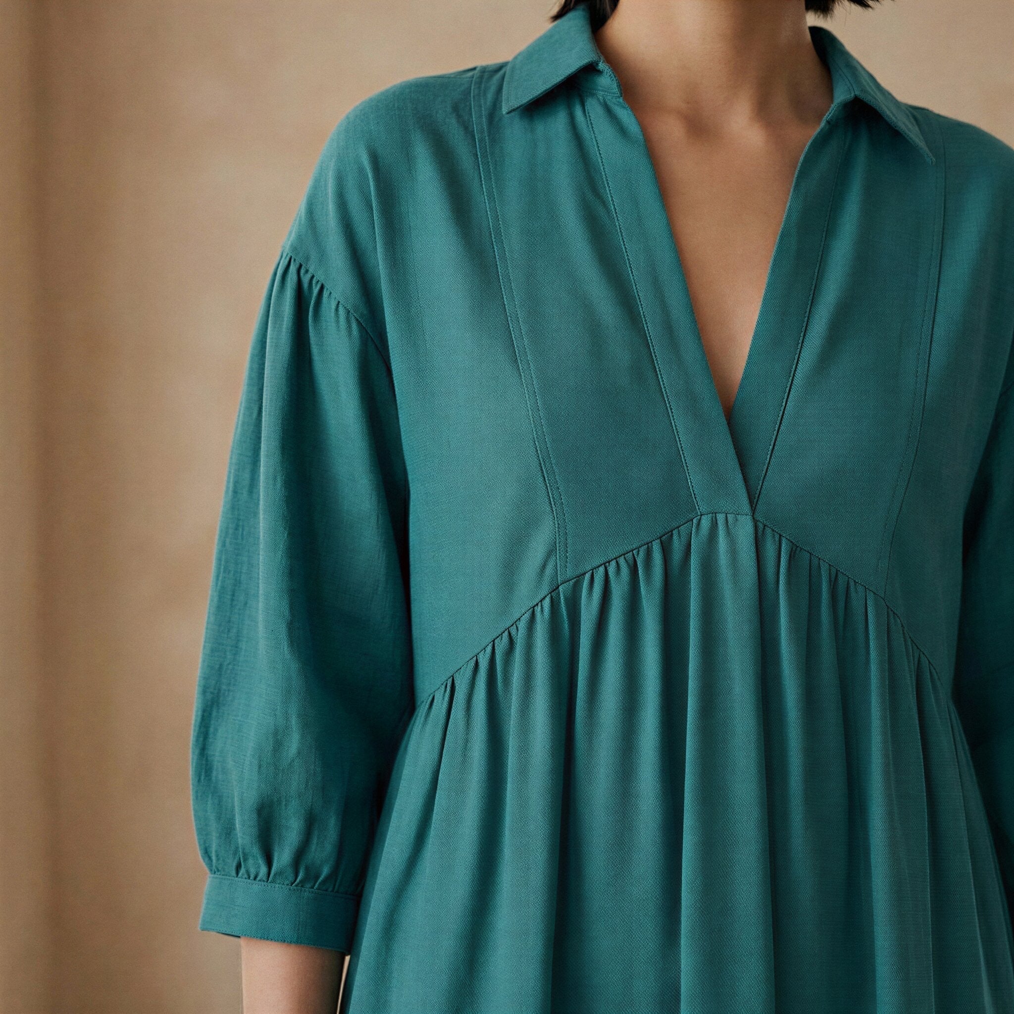 Pine Green Cotton Linen Deep-V Maxi Tier Dress