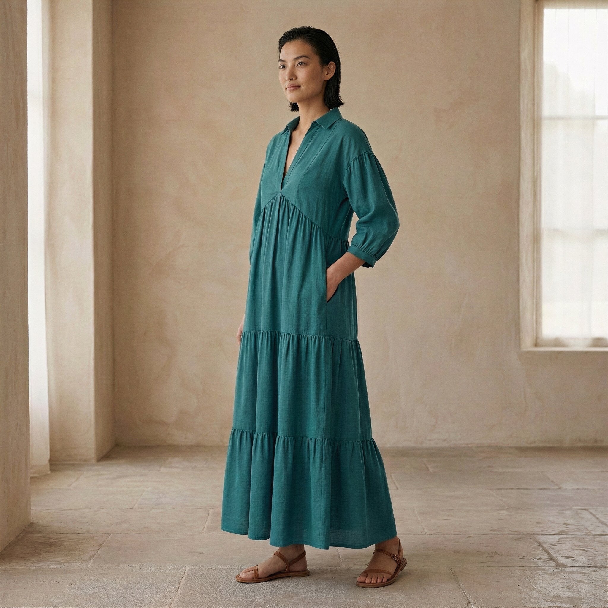 Pine Green Cotton Linen Deep-V Maxi Tier Dress