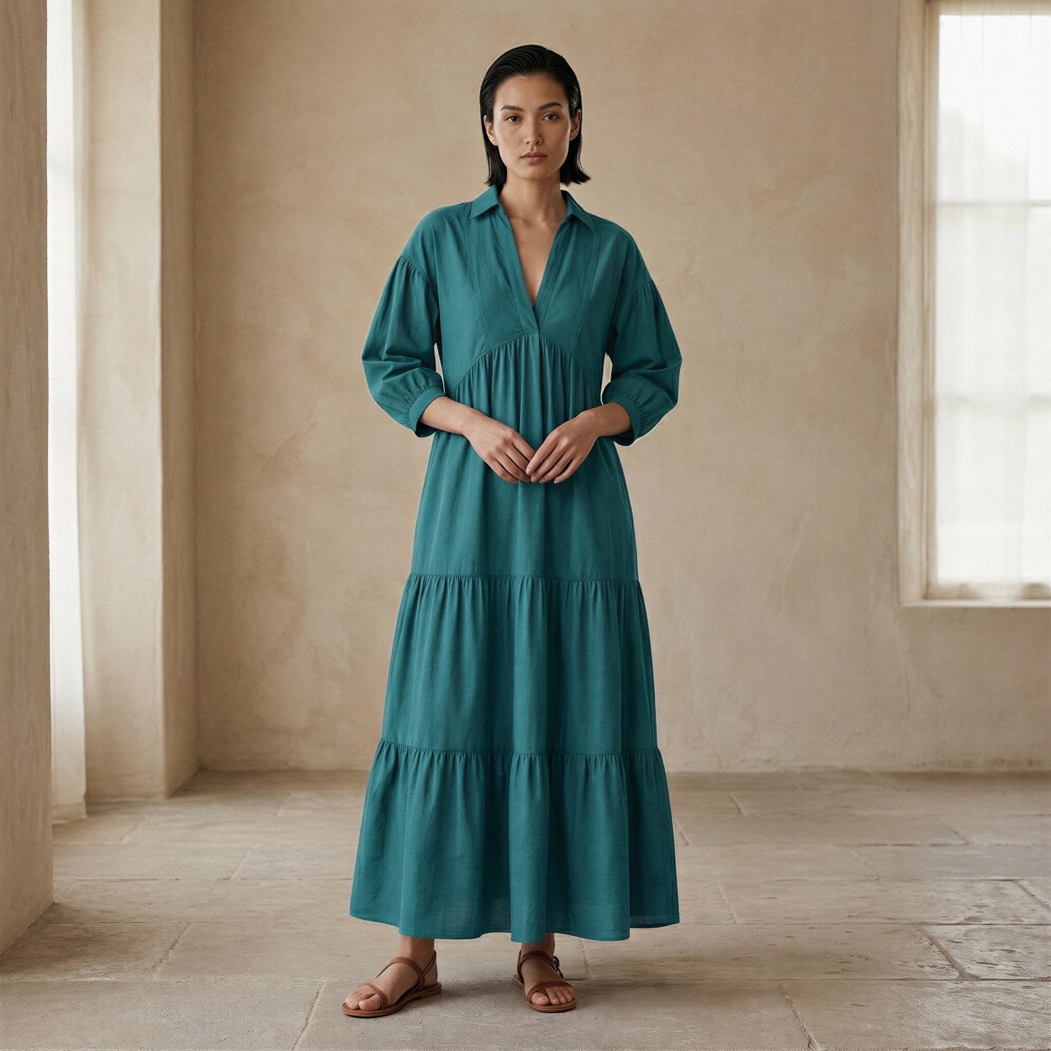 Pine Green Cotton Linen Deep-V Maxi Tier Dress